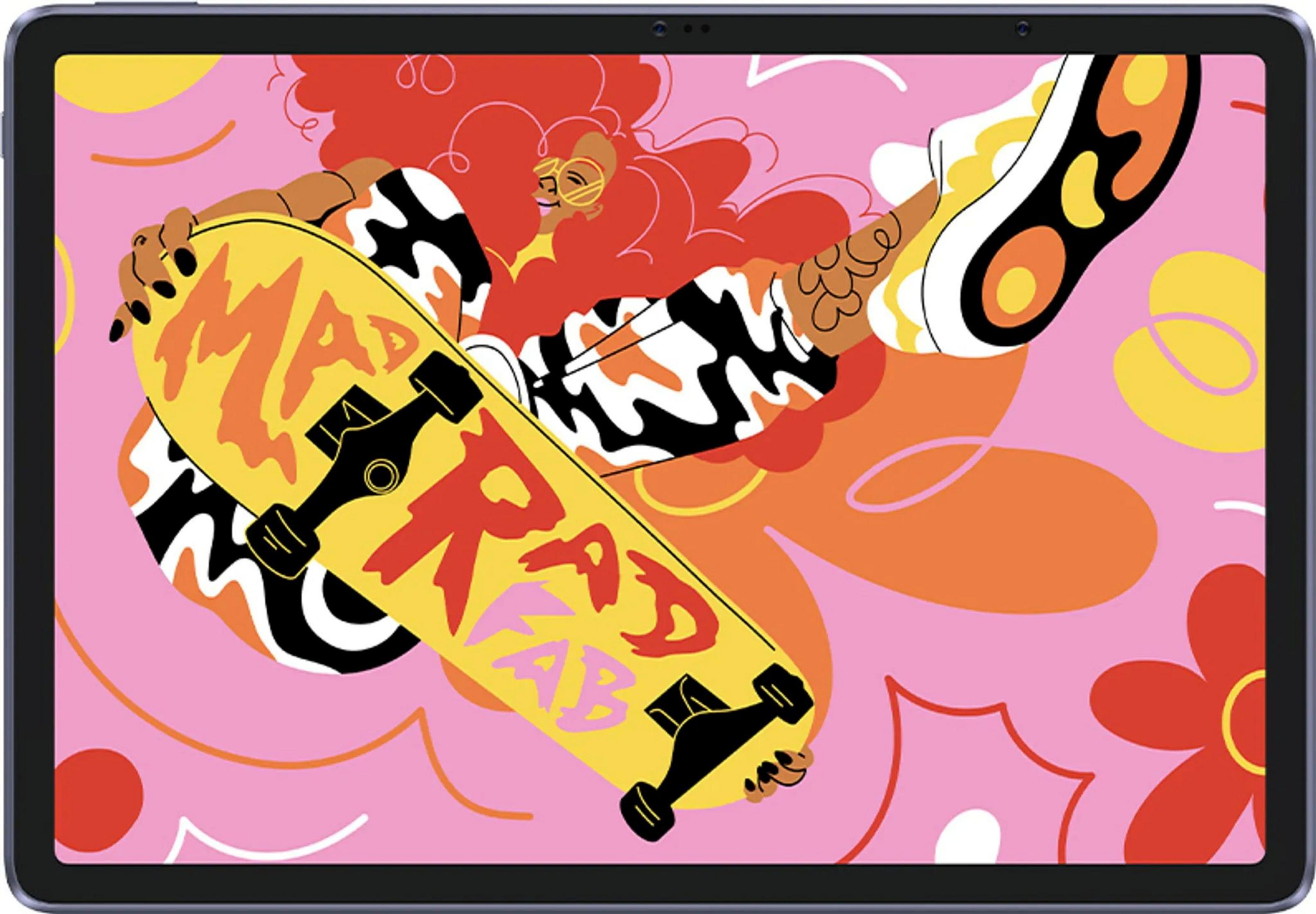 Ein Tablet zeigt eine bunte Illustration einer Person mit roten Haaren und einem Skateboard.