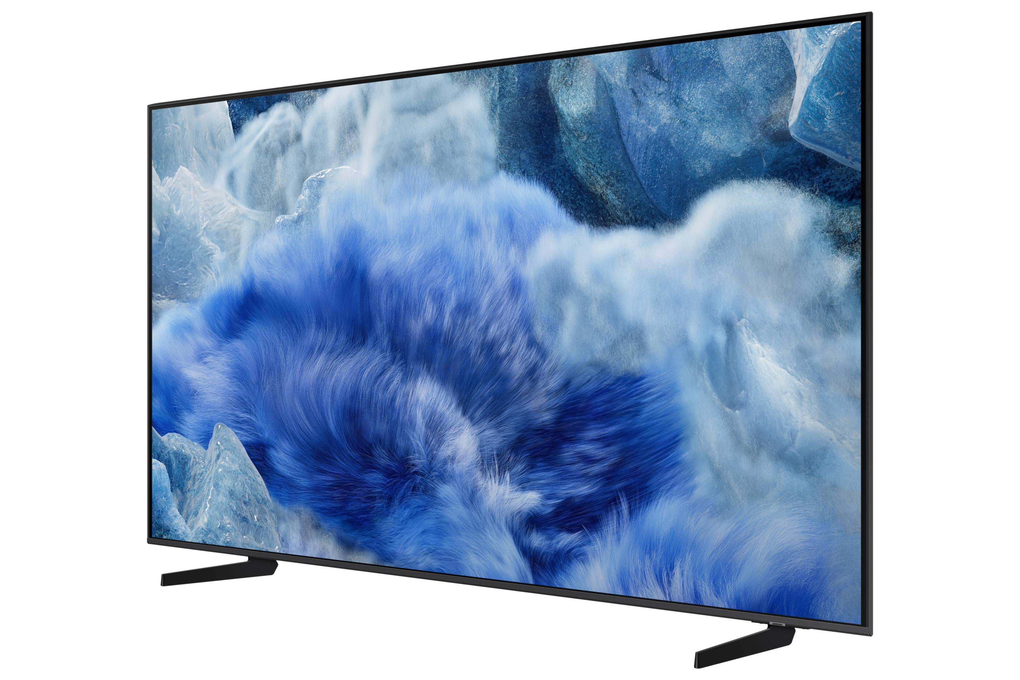 A modern television displaying an abstract blue and white pattern on its screen.