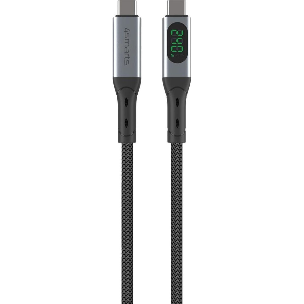 Zwei USB-C-Kabel mit digitaler Wattanzeige in Grün und silbernem Gehäuse.