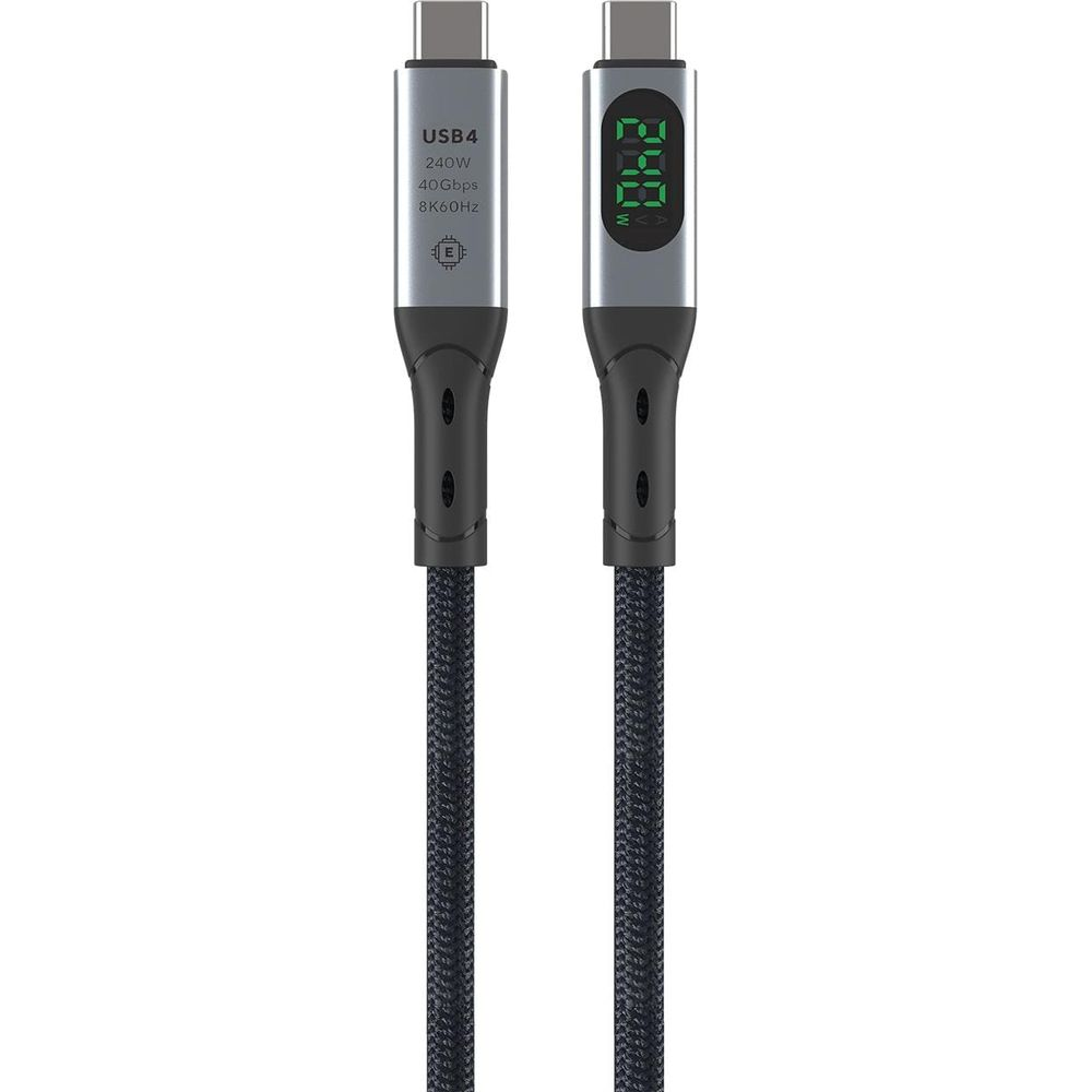 Zwei USB4-Kabel mit silbernen Steckern, eines mit Digitalanzeige.