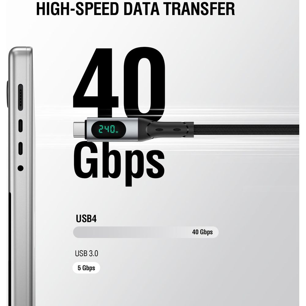 Ein USB4-Kabel mit 40 Gbps und 240W wird neben einem Smartphone gezeigt.