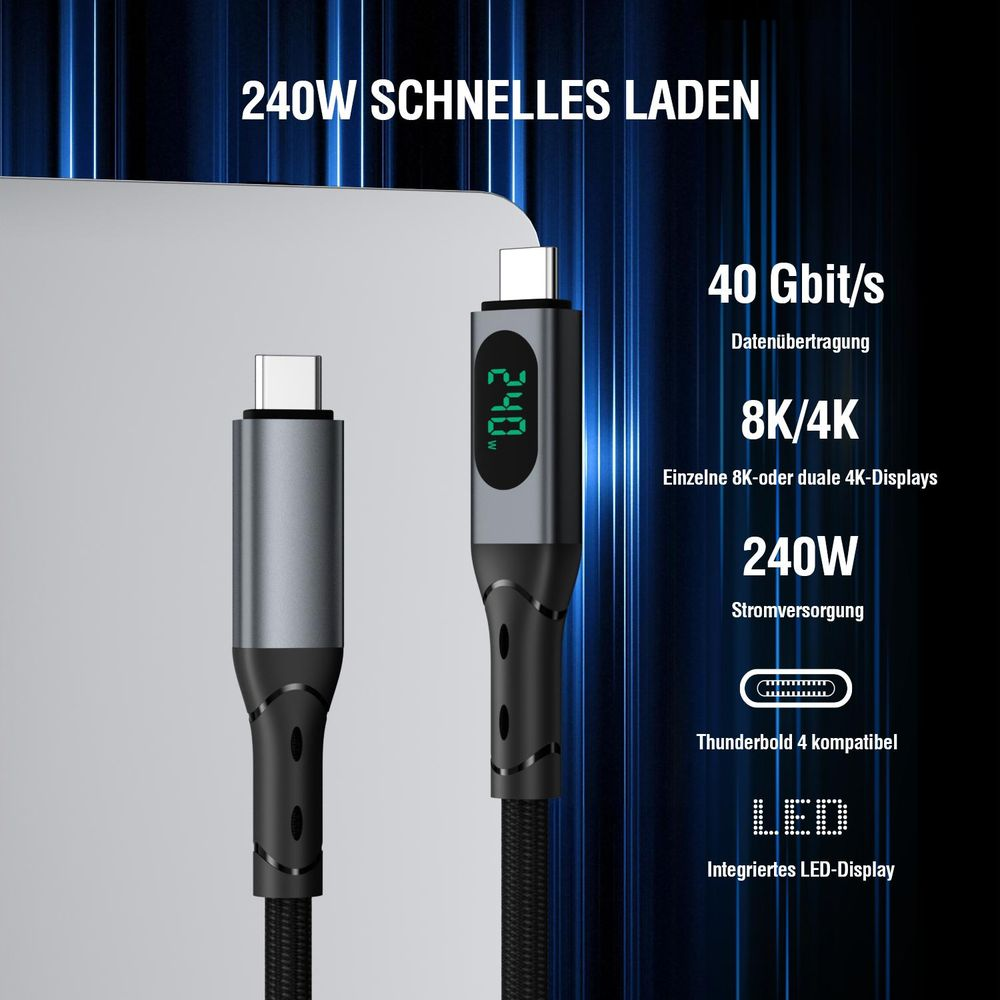 Zwei USB-C-Kabel nebeneinander, eins mit LED-Anzeige, mit Text über 240W Ladeleistung.