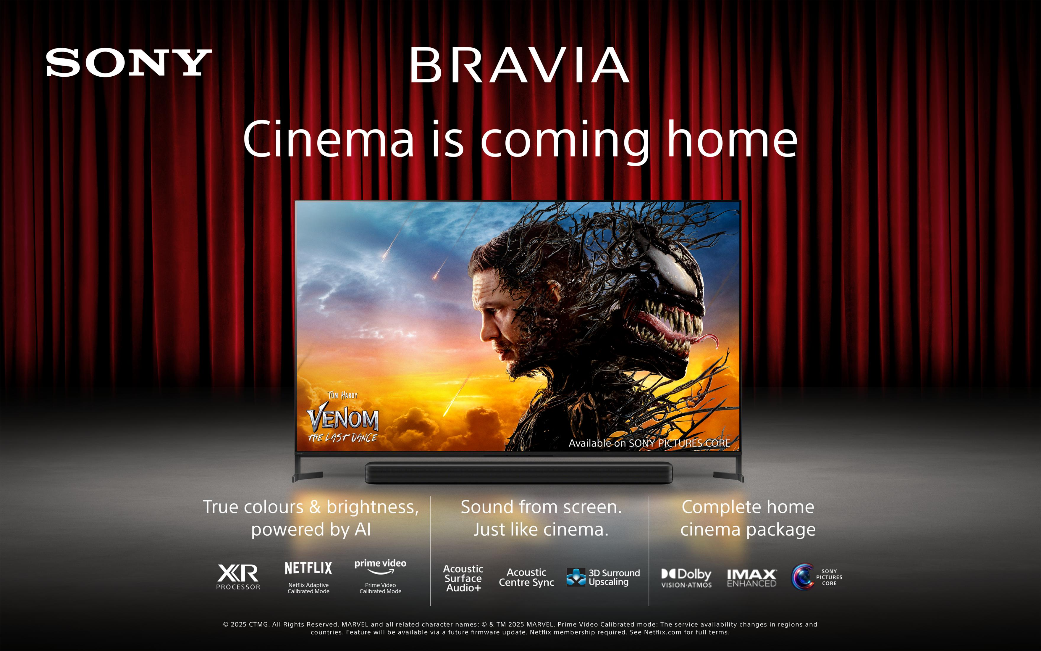 Telewizor Sony Bravia wyświetla plakat filmu Venom 2 z Tomem Hardym.