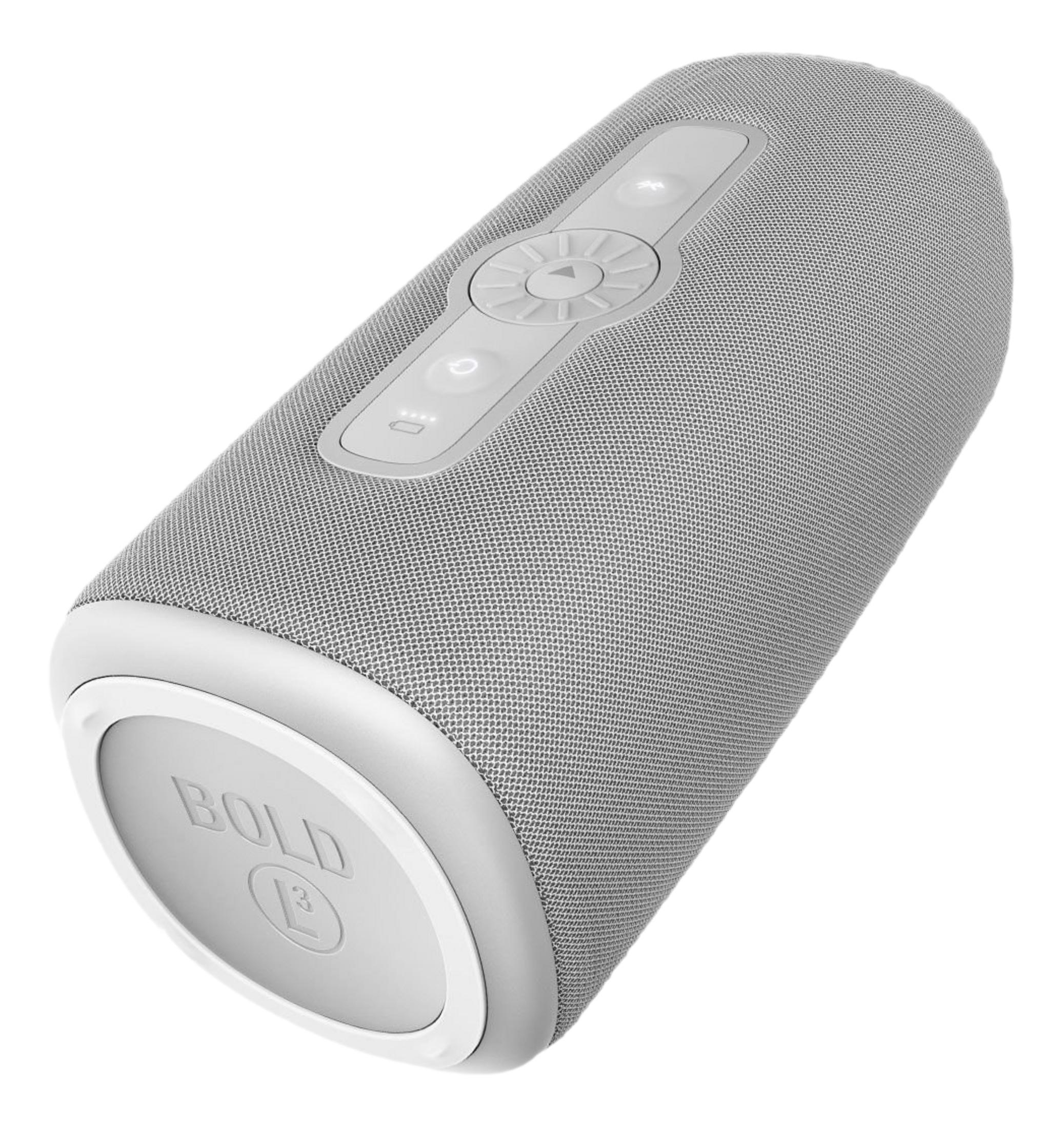 Grauer Bluetooth-Lautsprecher mit Bedienelementen und "BOLD"-Logo.