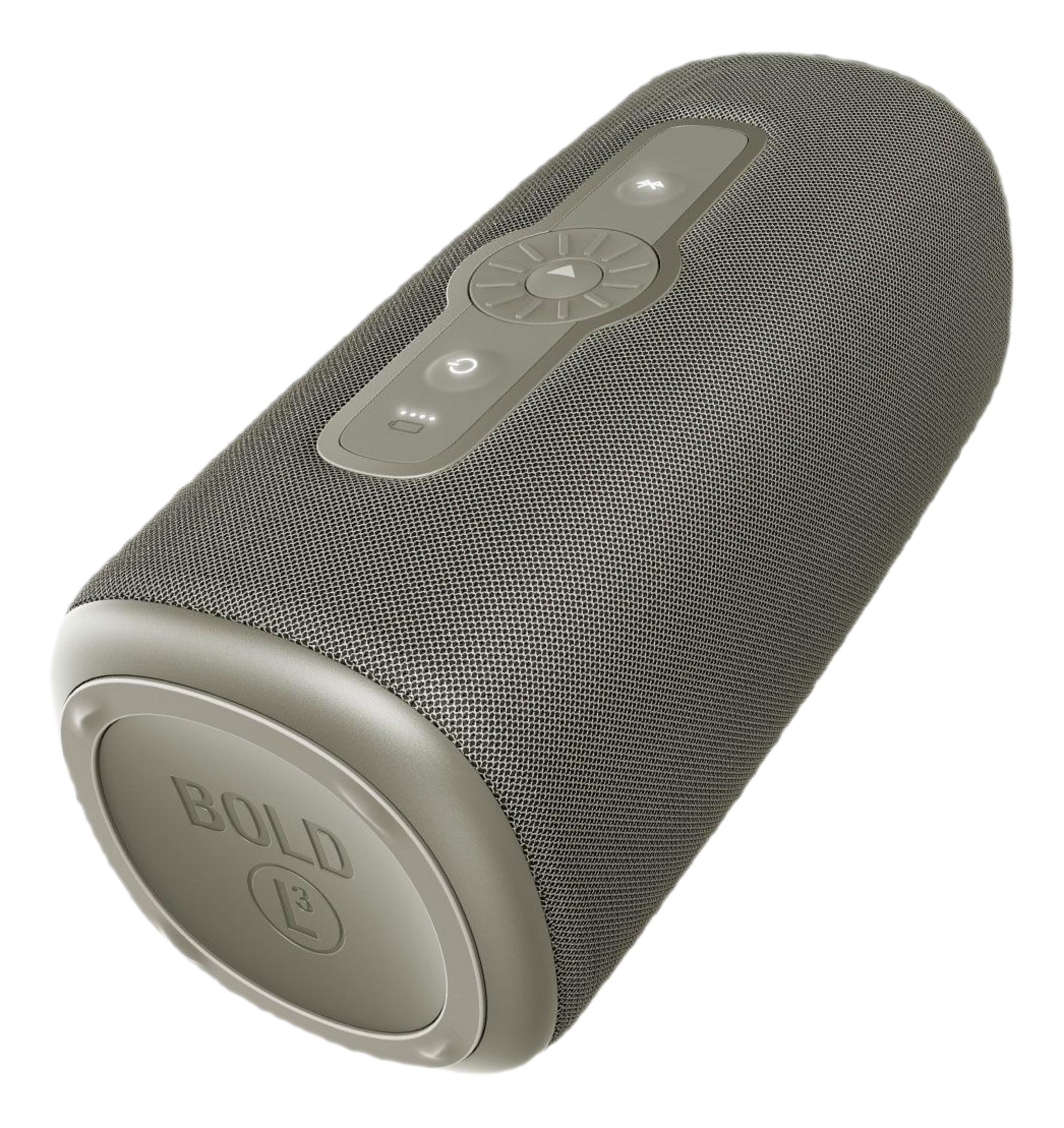 Grauer Bluetooth-Lautsprecher mit Bedienelementen und Logo.