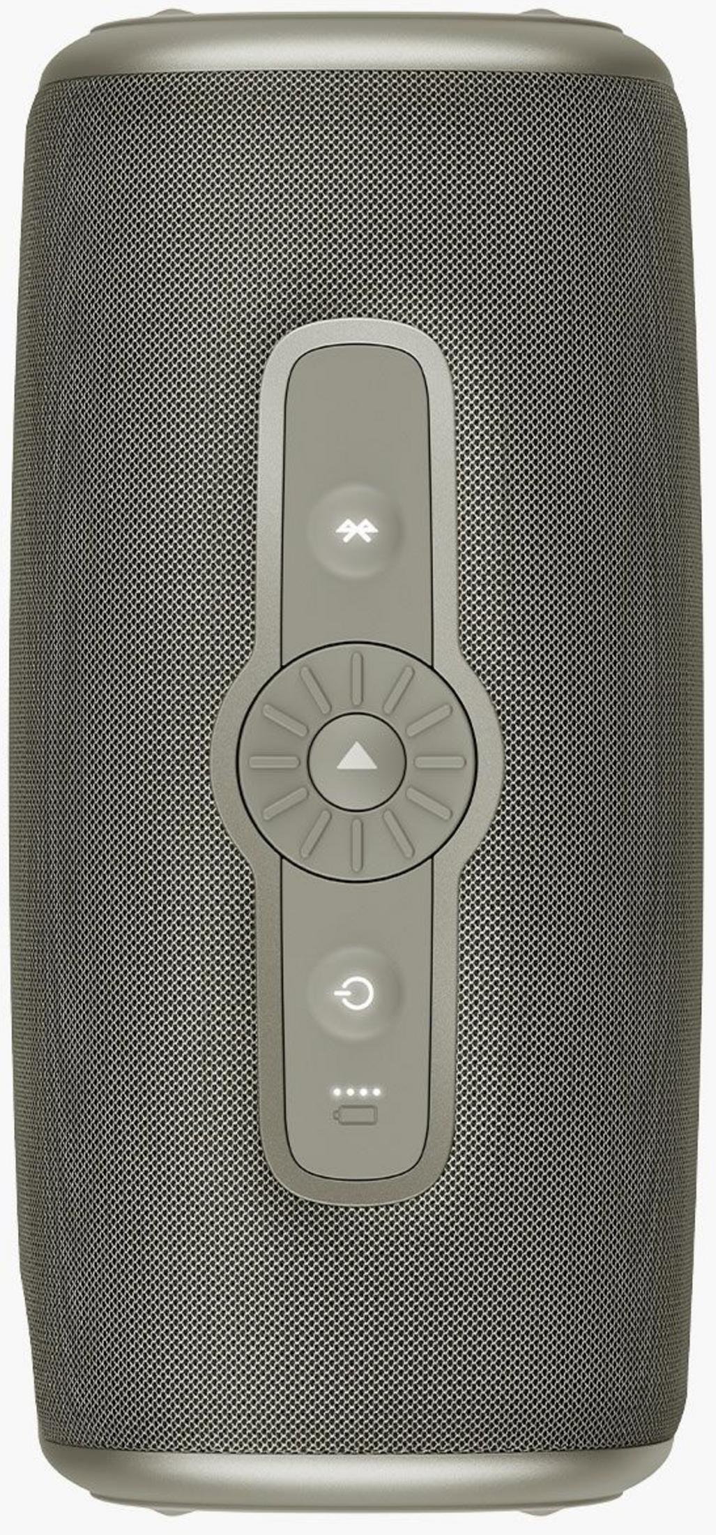 Grauer tragbarer Lautsprecher mit Tasten für Strom, Lautstärke und Bluetooth. Netzstruktur.