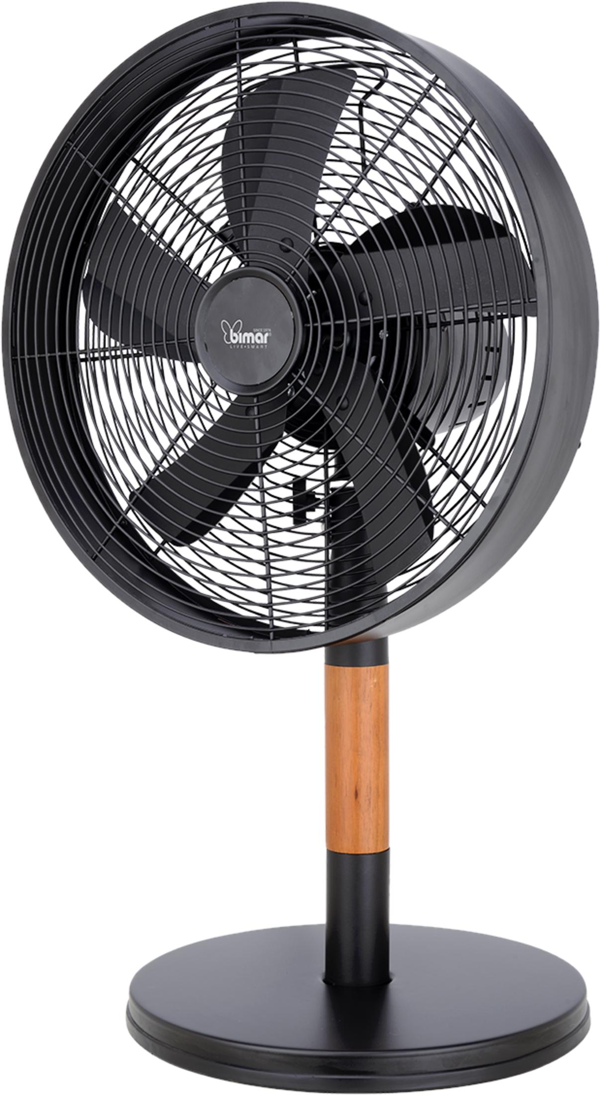 Ventilatore da terra nero con asta in legno e base in metallo.