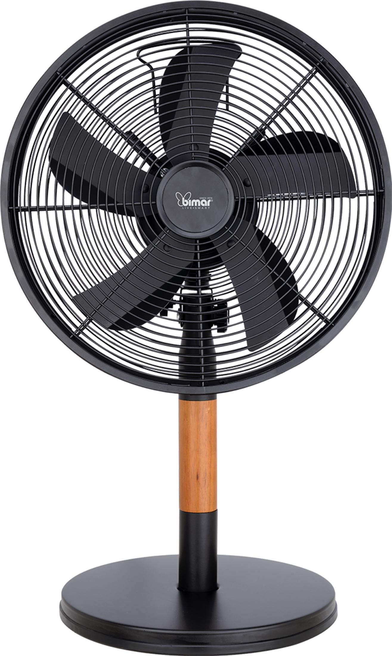 Un ventilatore da terra nero con supporto in legno e base rotonda.