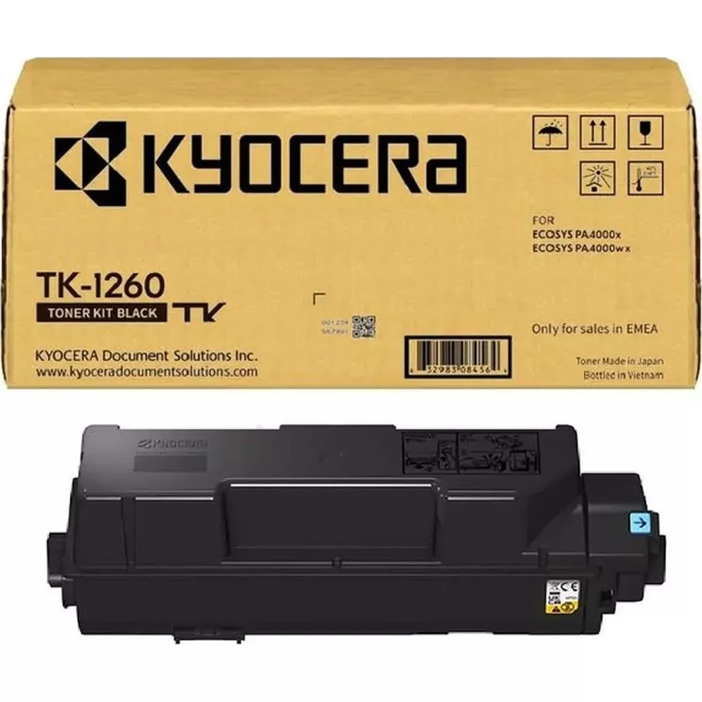 Zestaw tonerów Kyocera TK-1260 czarny z pudełkiem i wkładem.