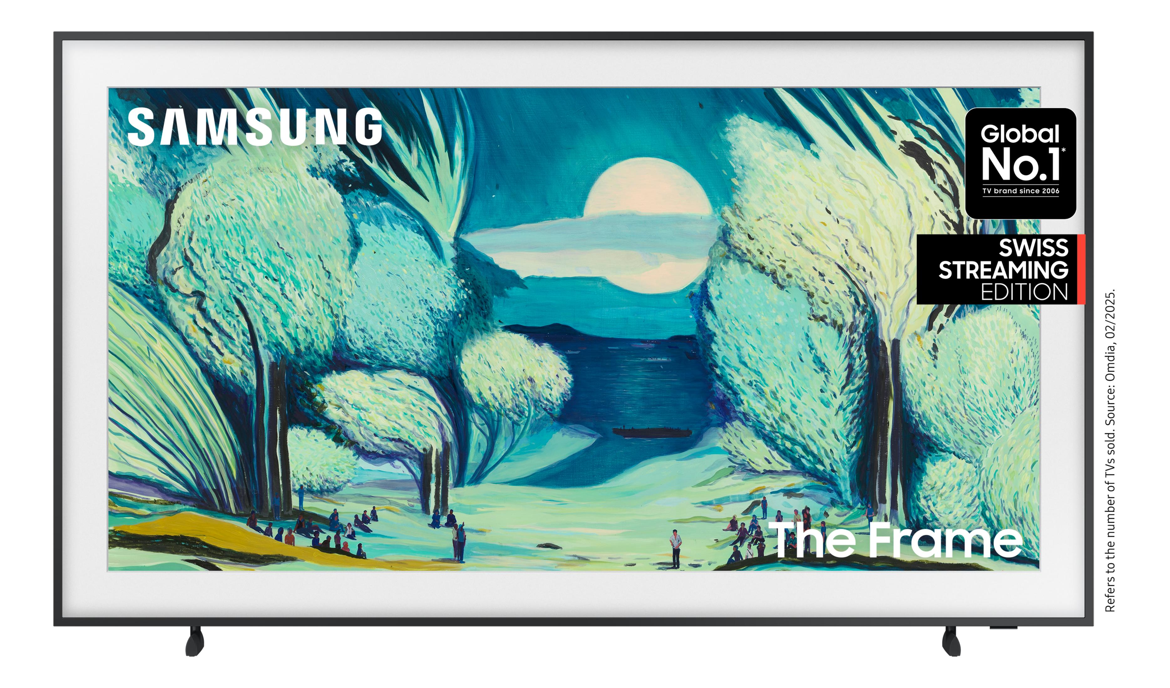 Telewizor Samsung wyświetla obraz drzew, księżyca i ludzi. Globalny nr 1, Swiss Streaming Edition.
