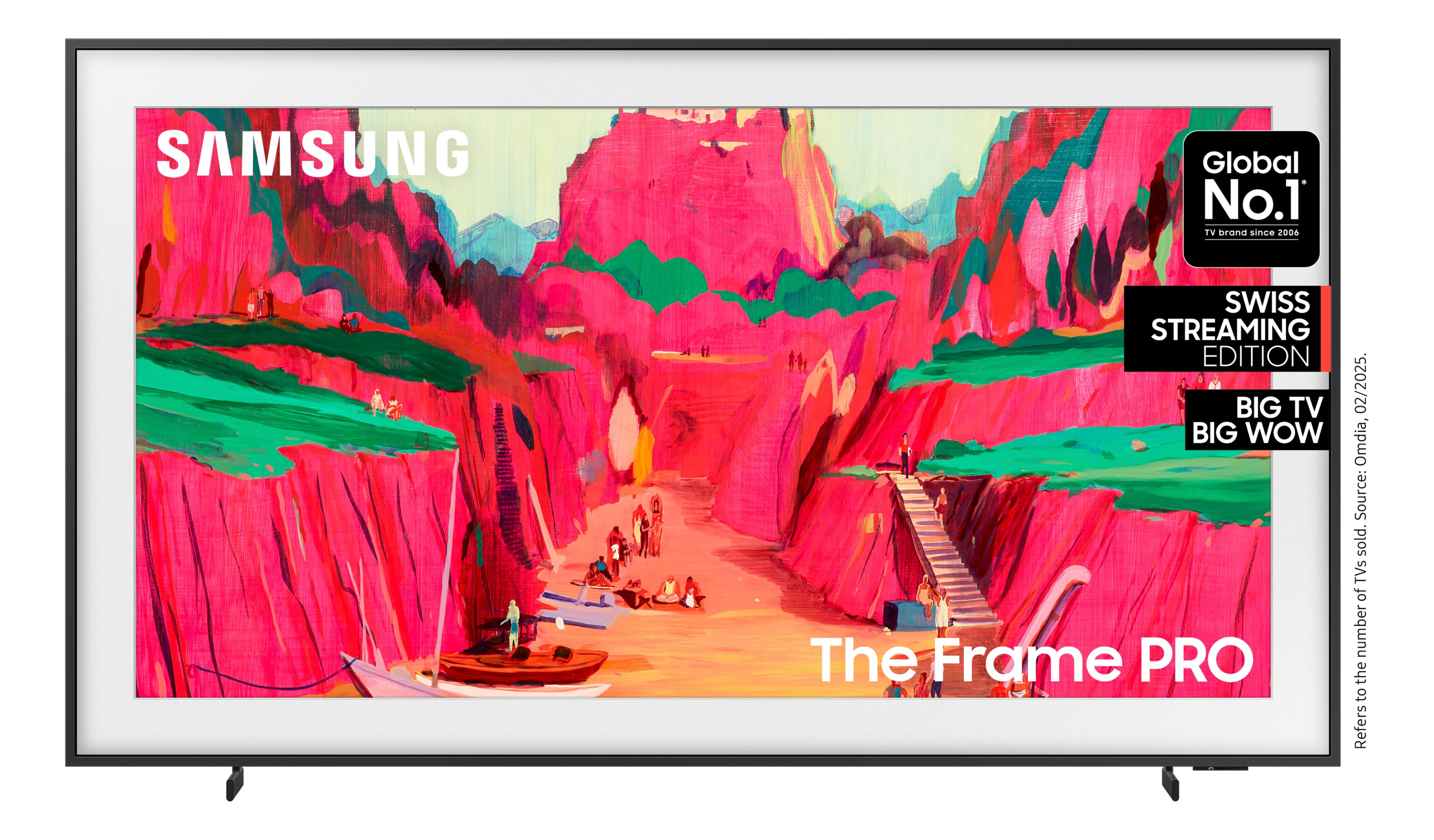 TV Samsung The Frame PRO con arte colorata, barche e persone.
