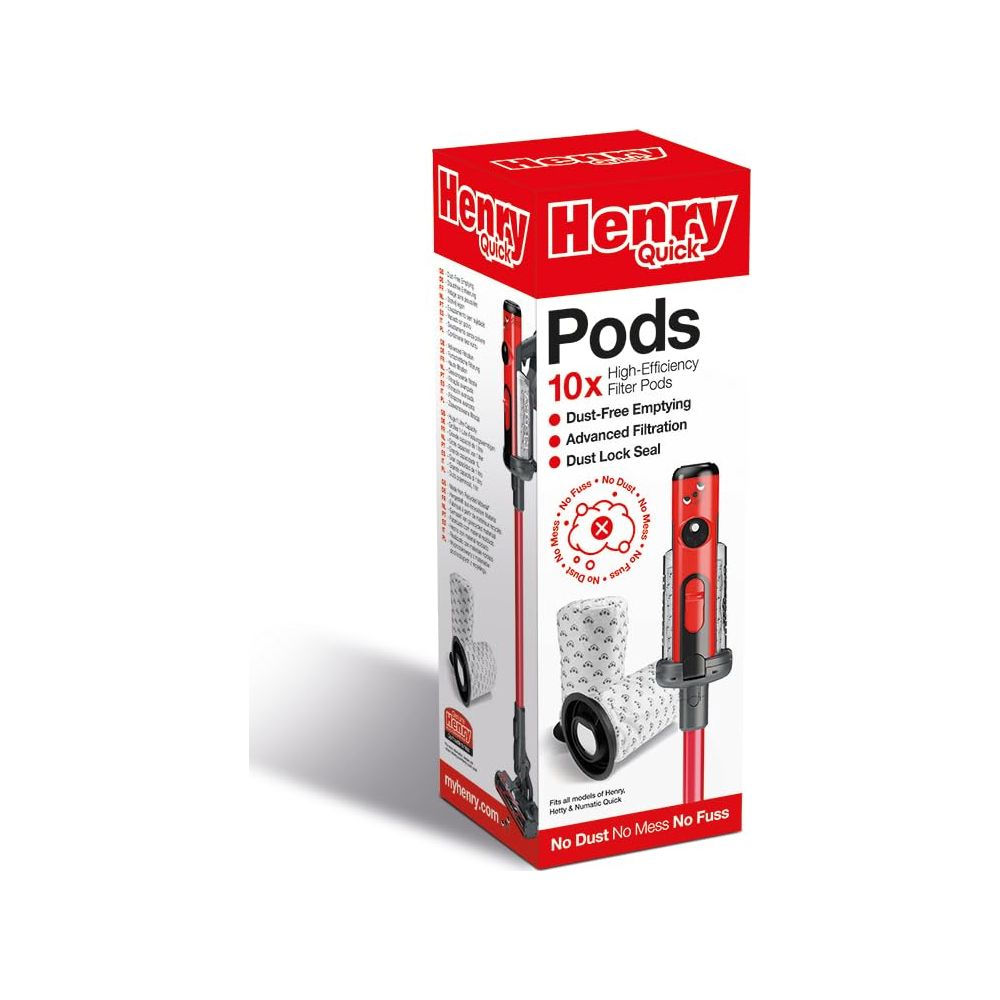 Verpackung für Henry Staubsauger-Filterbeutel. Zeigt Beutel und Zubehör. Rot und weiß.