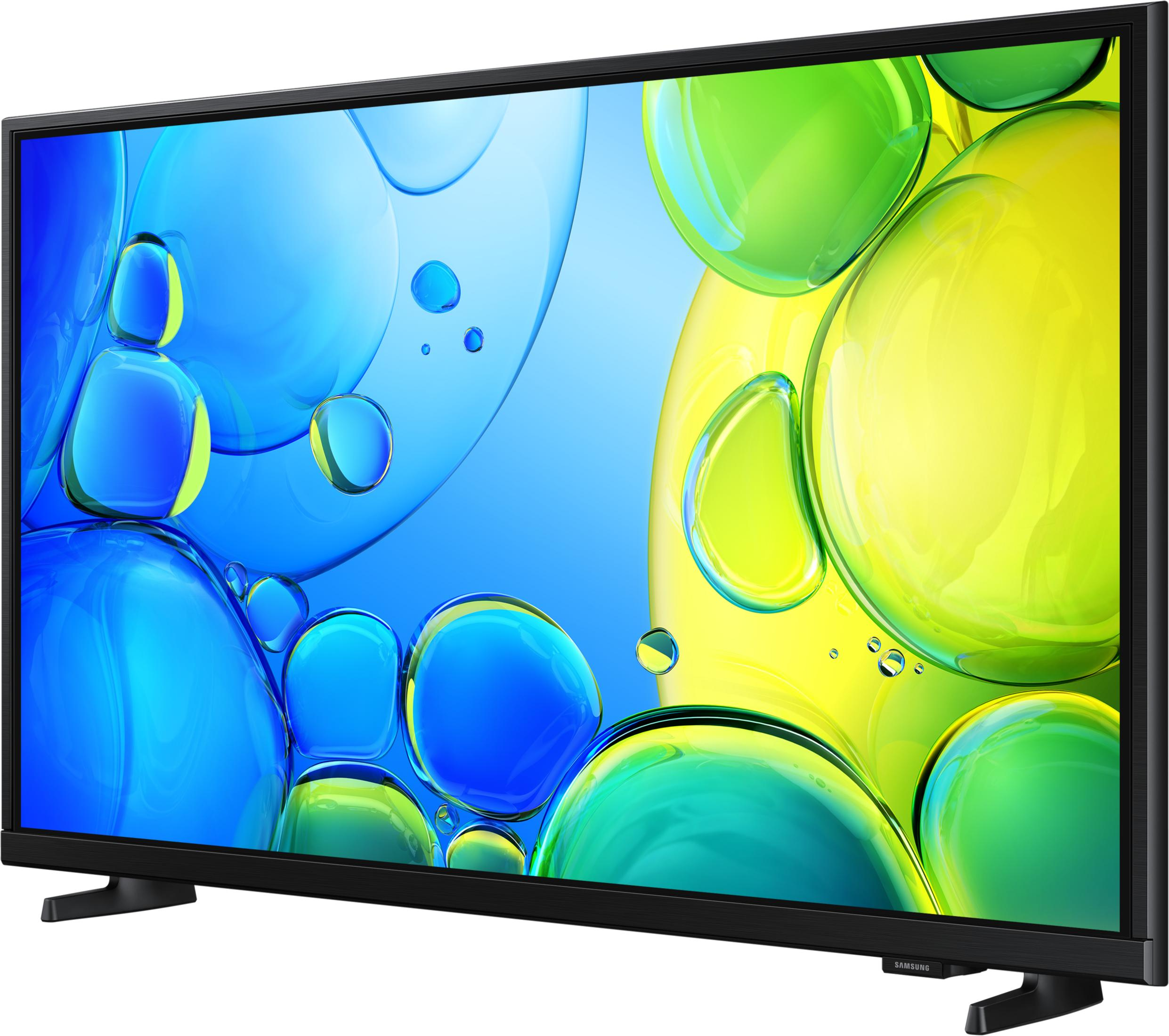 Czarny telewizor Samsung z kolorowym tłem z bąbelkami.