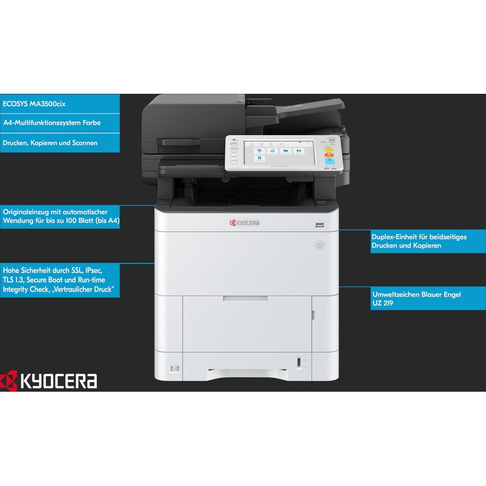 Drukarka wielofunkcyjna Kyocera ECOSYS MA3500cix z ekranem dotykowym i tacką.
