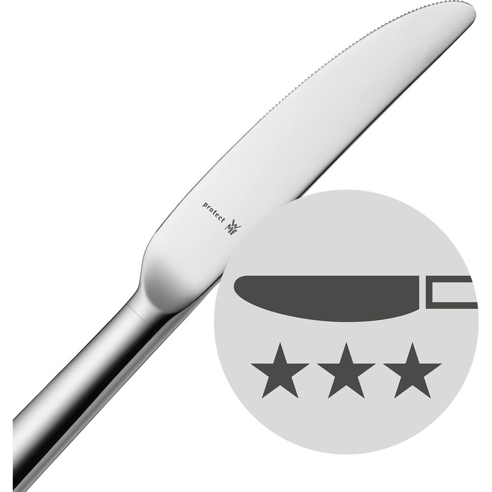 Ein silbernes Messer mit Wellenschliff und drei Sternen-Symbolen.