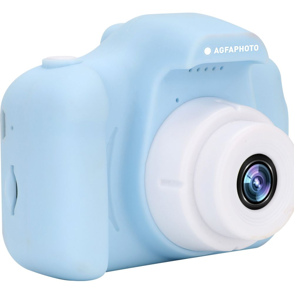 Una fotocamera digitale azzurra con obiettivo bianco e 'AGFA