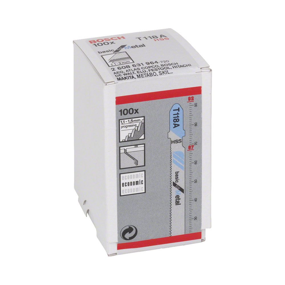 Scatola di lame per seghetto alternativo Bosch T118A per metallo, 100 pezzi.