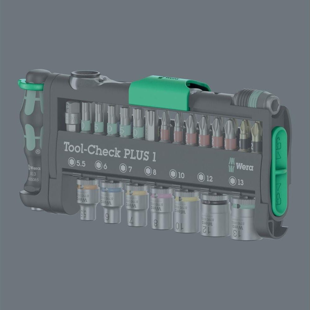 Werkzeugkasten mit Wera Tool-Check PLUS 1 und verschiedenen Bits und Stecknüssen.