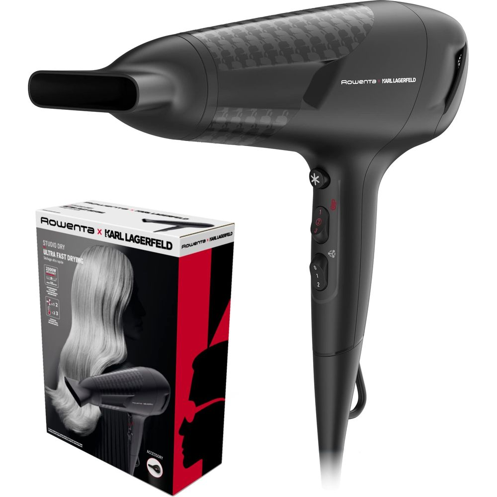 Czarna suszarka do włosów Rowenta x Karl Lagerfeld z opakowaniem.