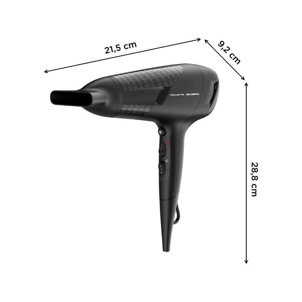 Czarna suszarka do włosów o wymiarach 21,5 cm, 9,2 cm i 28,8 cm.