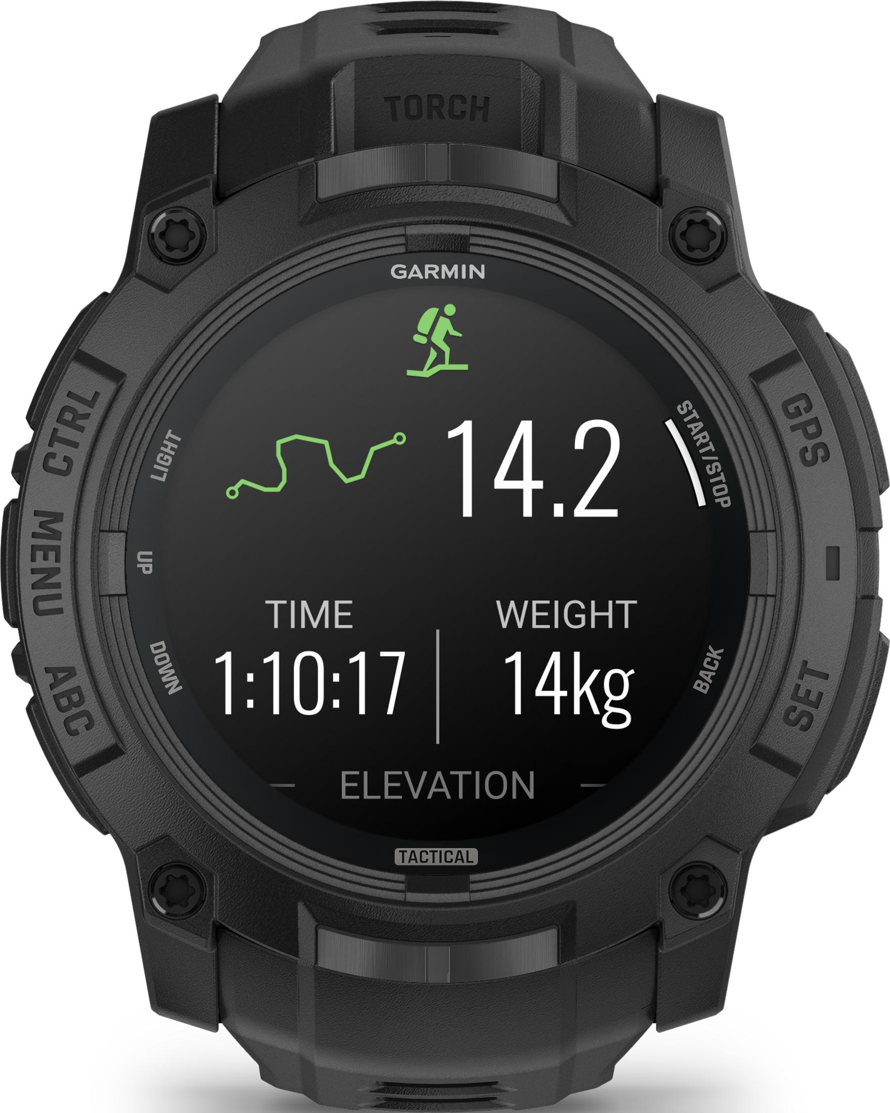 Schwarze Garmin Smartwatch mit Wanderer-Symbol, Zeit, Gewicht und Höhenprofil.