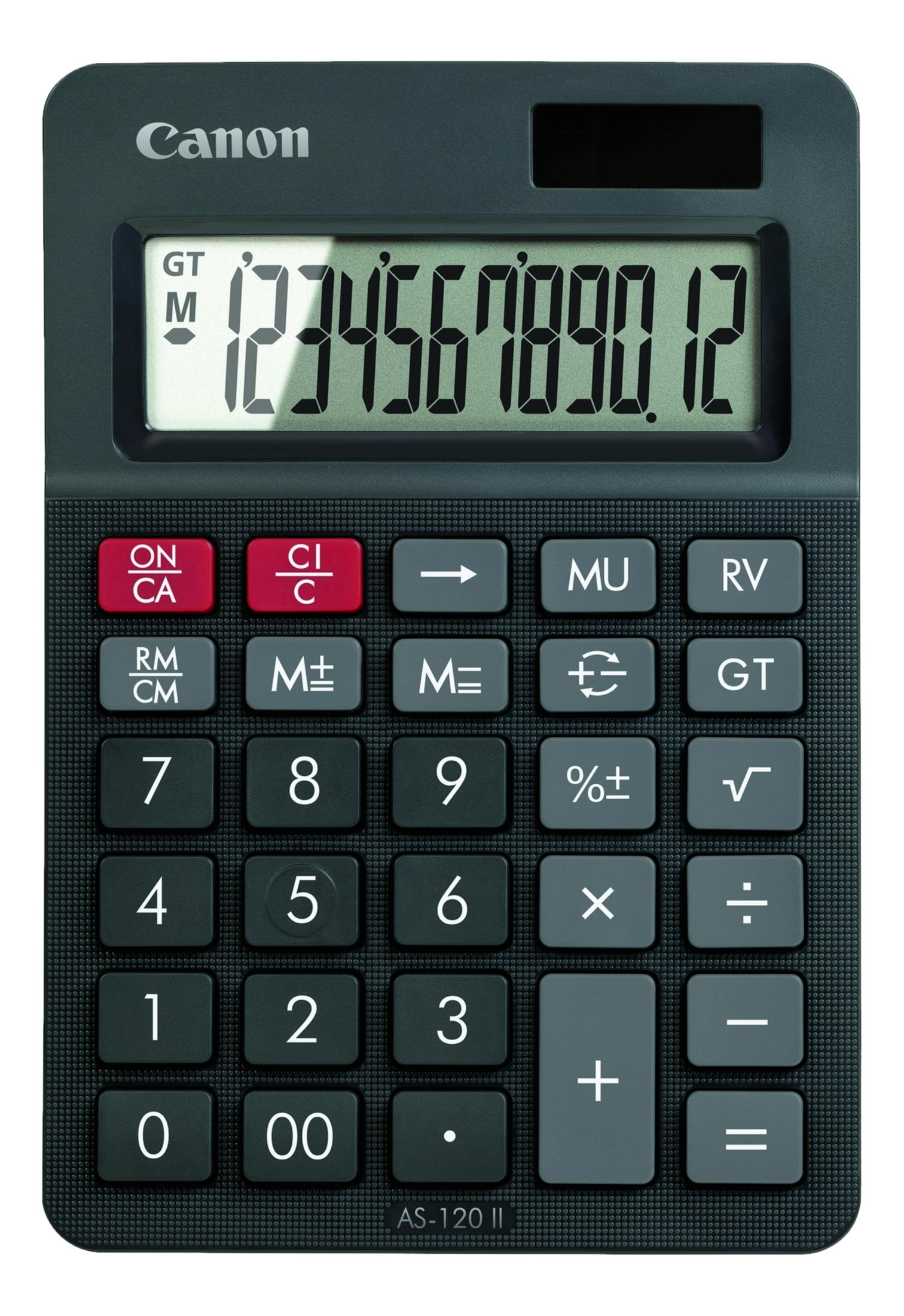 Ciemnoszara kalkulatorka Canon z dużym wyświetlaczem LCD pokazującym 1234567890.12.