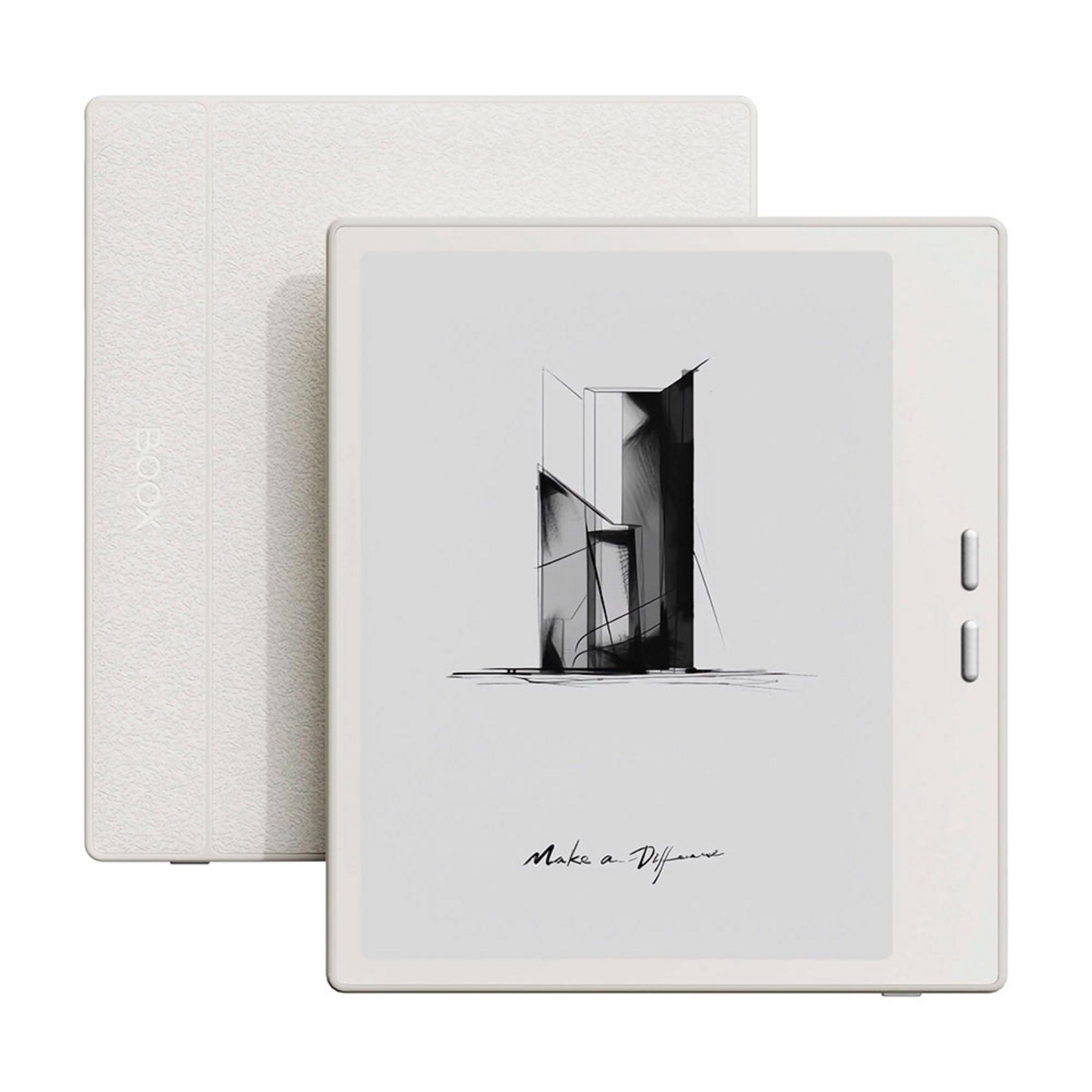 Un liseuse blanche avec un dessin abstrait noir et blanc et du texte.