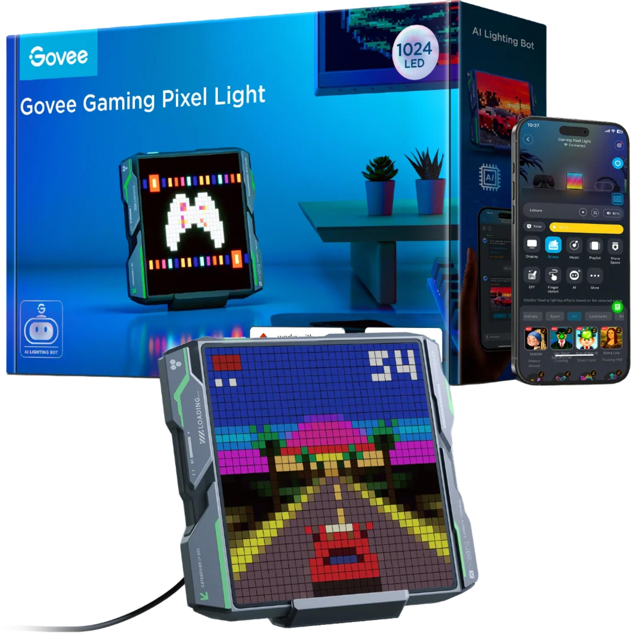 Scatola prodotto Govee Gaming Pixel Light, un dispositivo e uno smartphone
