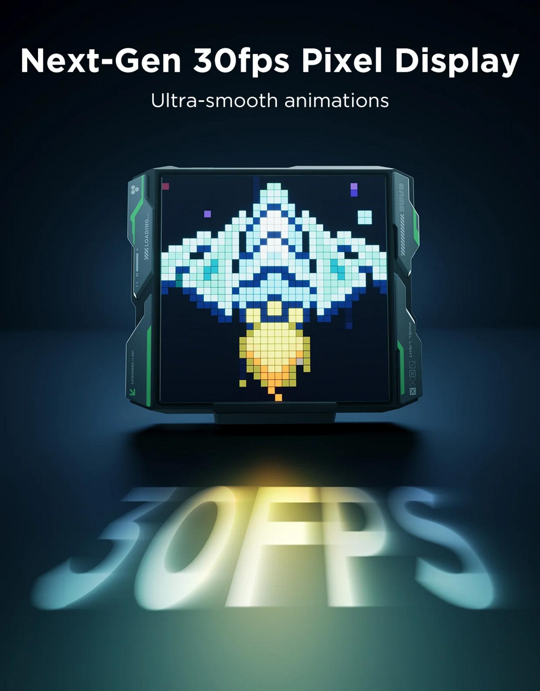 Display pixel mostra gioco astronave. "30FPS" brilla.