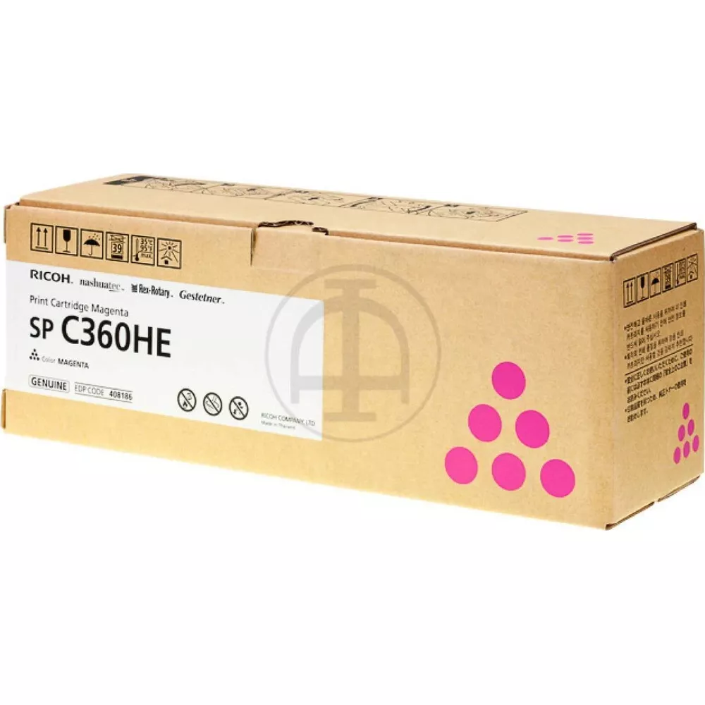 Pudełko na magenta wkład drukujący Ricoh SP C360HE z ikonami różowych kropek.