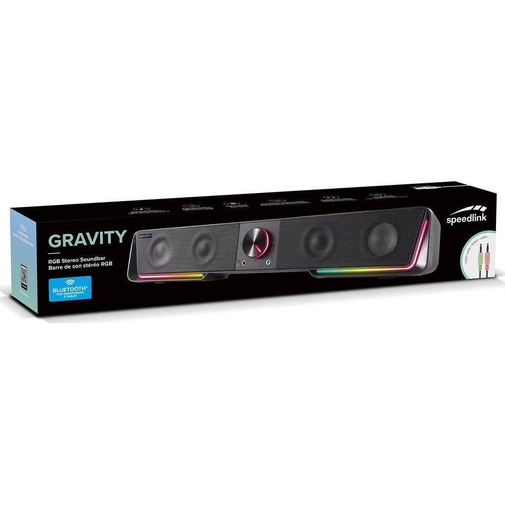 Packaging of a black RGB soundbar with speakers and LED lighting.