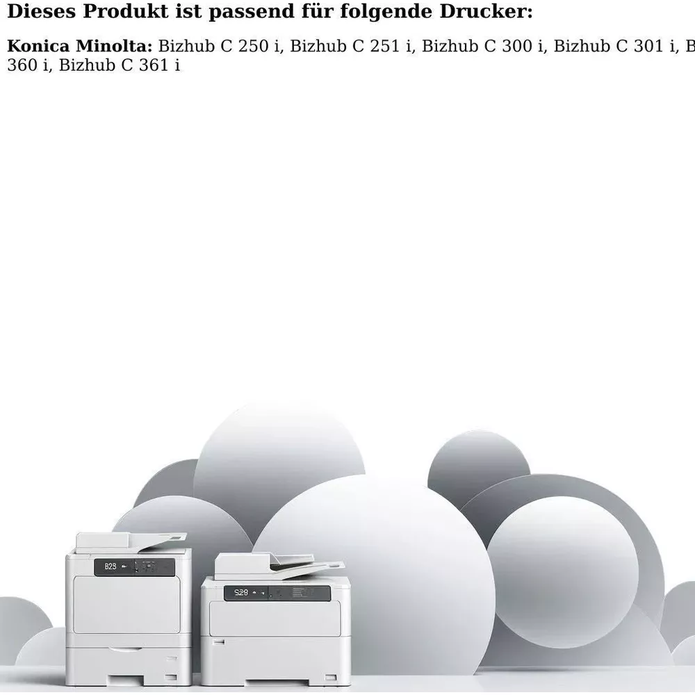 Dwa białe drukarki stoją przed dużymi białymi kołami i elipsami.