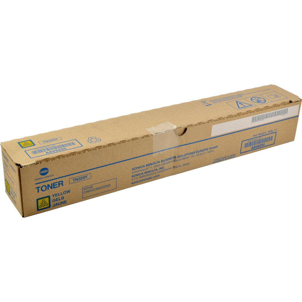 Konica Minolta TN328Y gelber Toner-Kartusche in brauner Verpackung mit Produktinformationen.