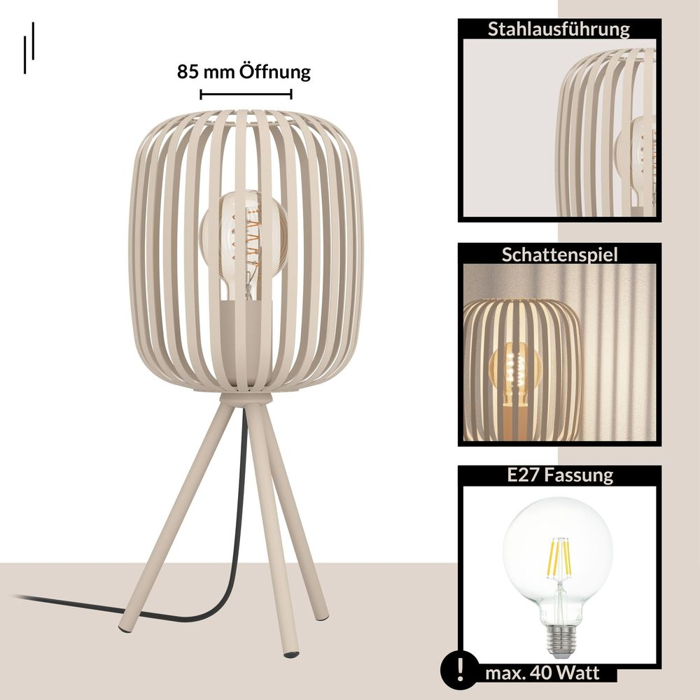 Beige tafellamp op driepoot met open lampenkap.