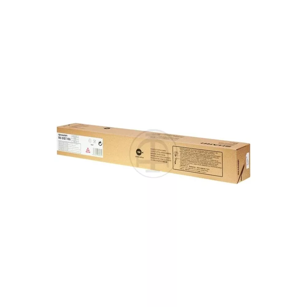 Eine braune Sharp-Tonerpatronenbox mit Produktinformationen und Warnhinweisen.