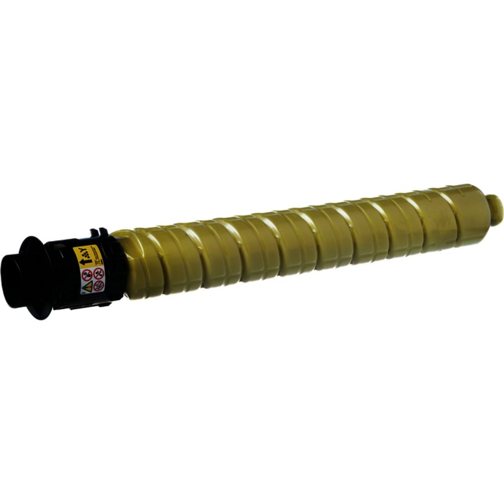 Żółty bębenek tonera z czarnymi zaślepkami i symbolami ostrzegawczymi.