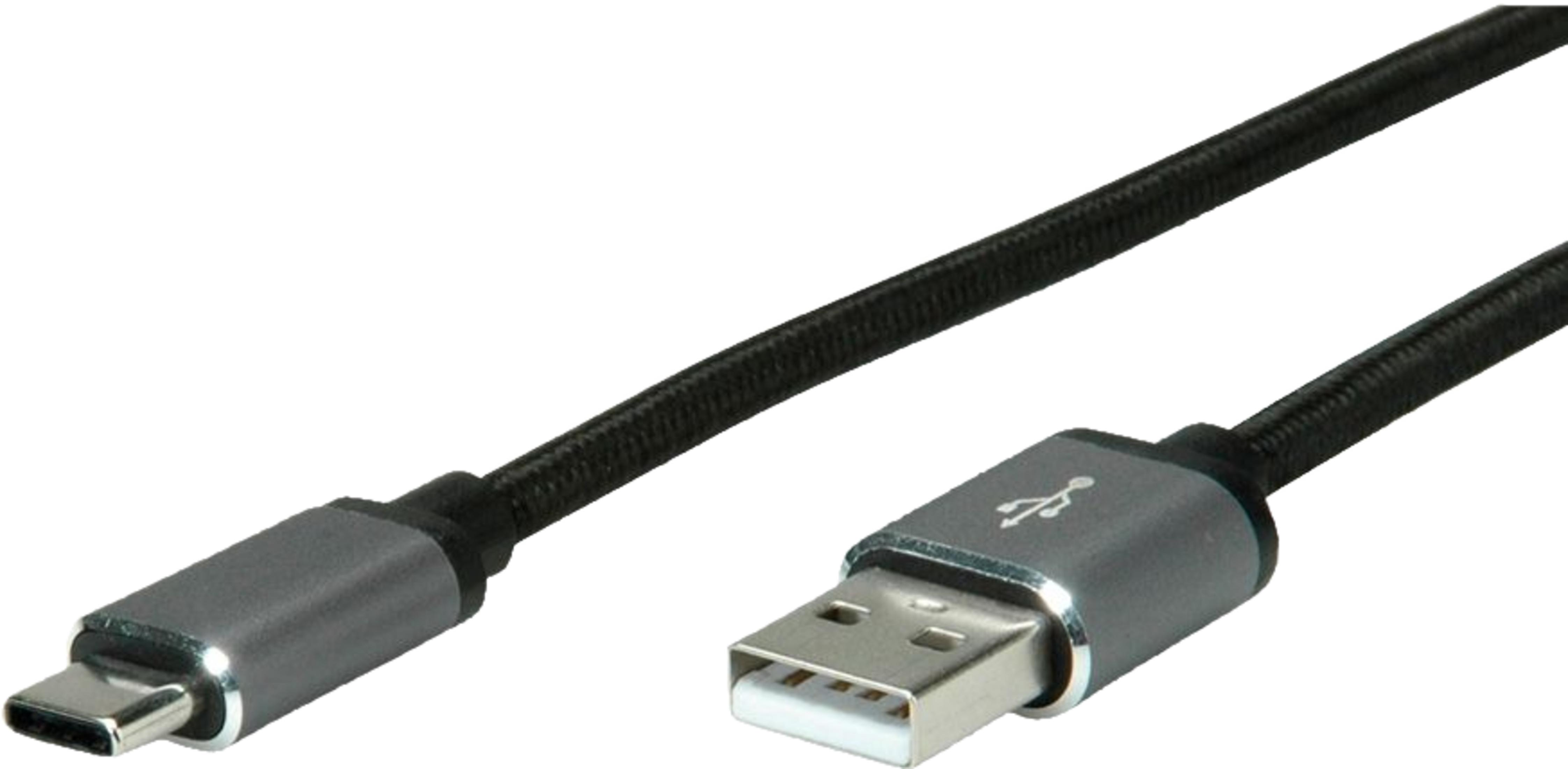 Un câble USB-A vers USB-C noir avec gaine tressée et connecteurs gris.