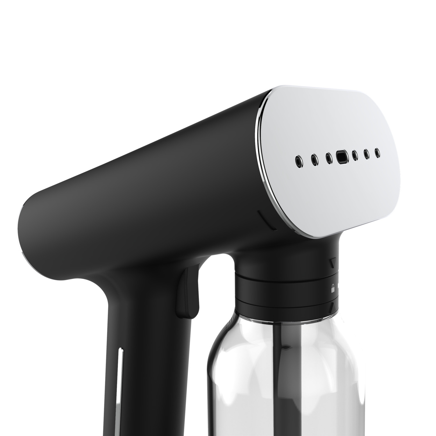 Un défroisseur vapeur noir portable avec une buse argentée et un réservoir transparent.