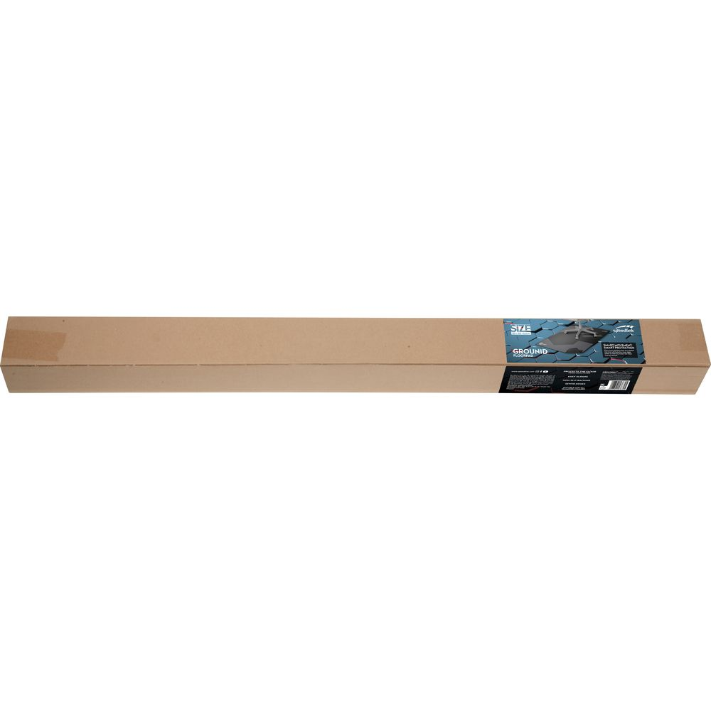 Lange bruine kartonnen doos met productlabel dat een vloerbeschermer toont.