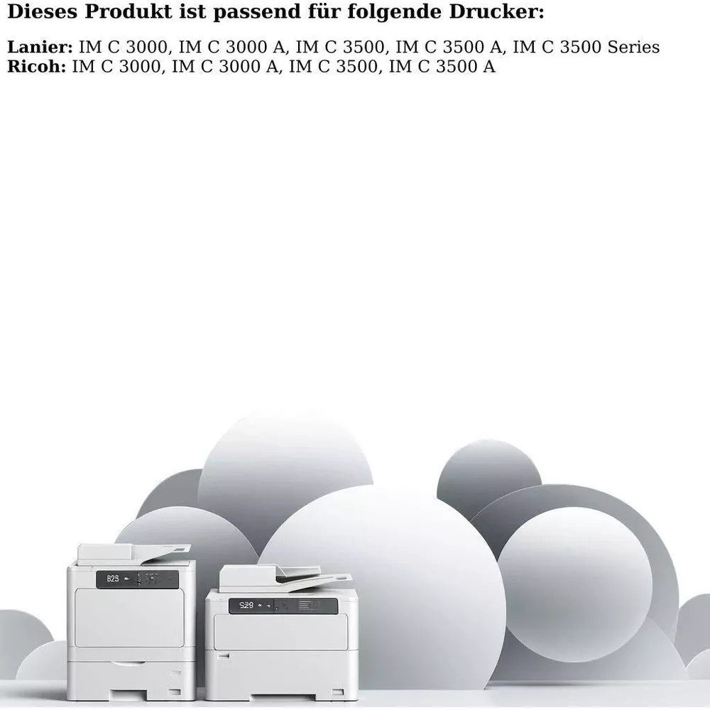 Dwa białe drukarki przed abstrakcyjnymi białymi i szarymi kołami.