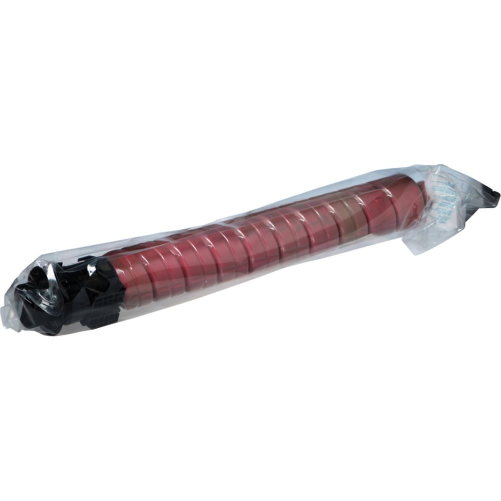 Cartouche de toner rouge emballée dans du plastique avec une extrémité noire.