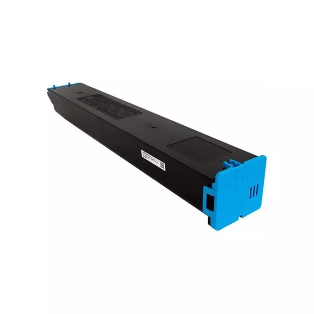 Un toner nero con accenti blu su sfondo bianco.