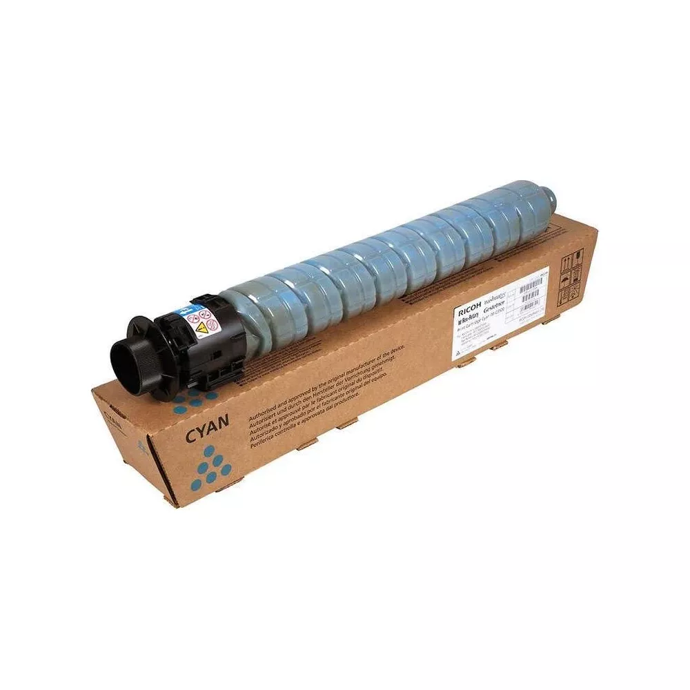 Niebieski tusz Ricoh spoczywa na opakowaniu.