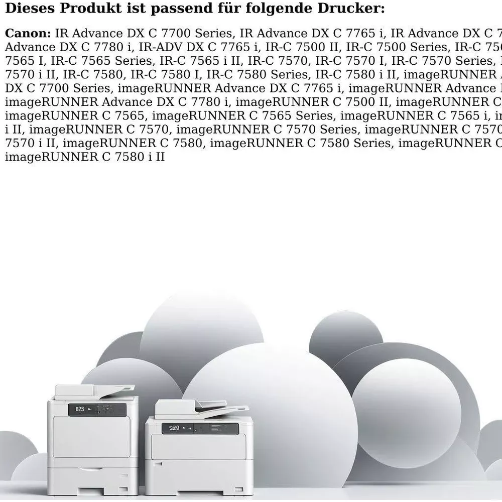 Dwie białe drukarki przed szarymi kołami. Lewa drukarka pokazuje 'B23'.