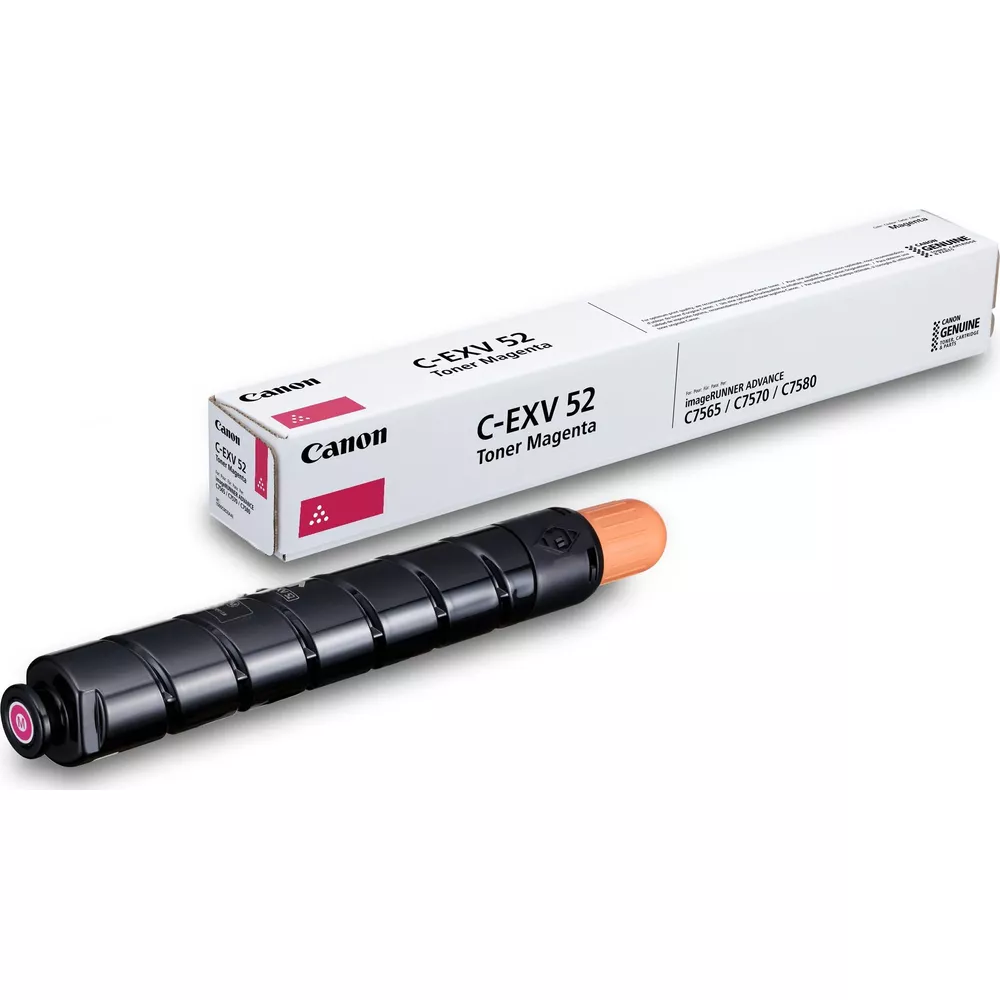 Czarny wkład tonera i jego białe opakowanie z logo i nadrukiem Canon.