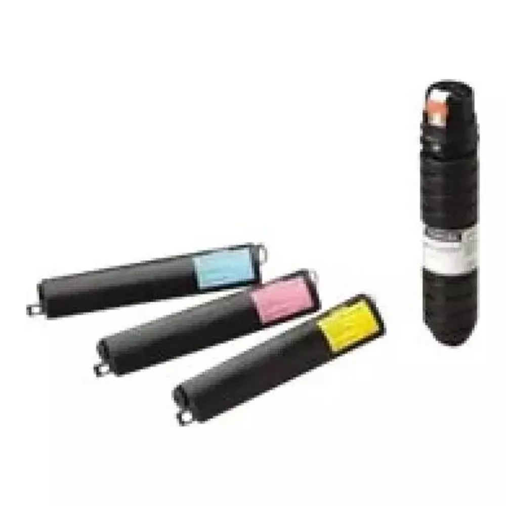 Tre cartucce toner nere con estremità colorate (blu, rosa, giallo) e una cartuccia nera in piedi.