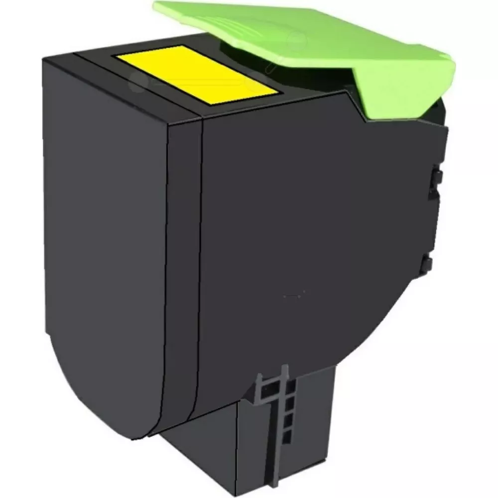 Un contenitore per cartucce d'inchiostro nero con etichetta gialla e coperchio verde.