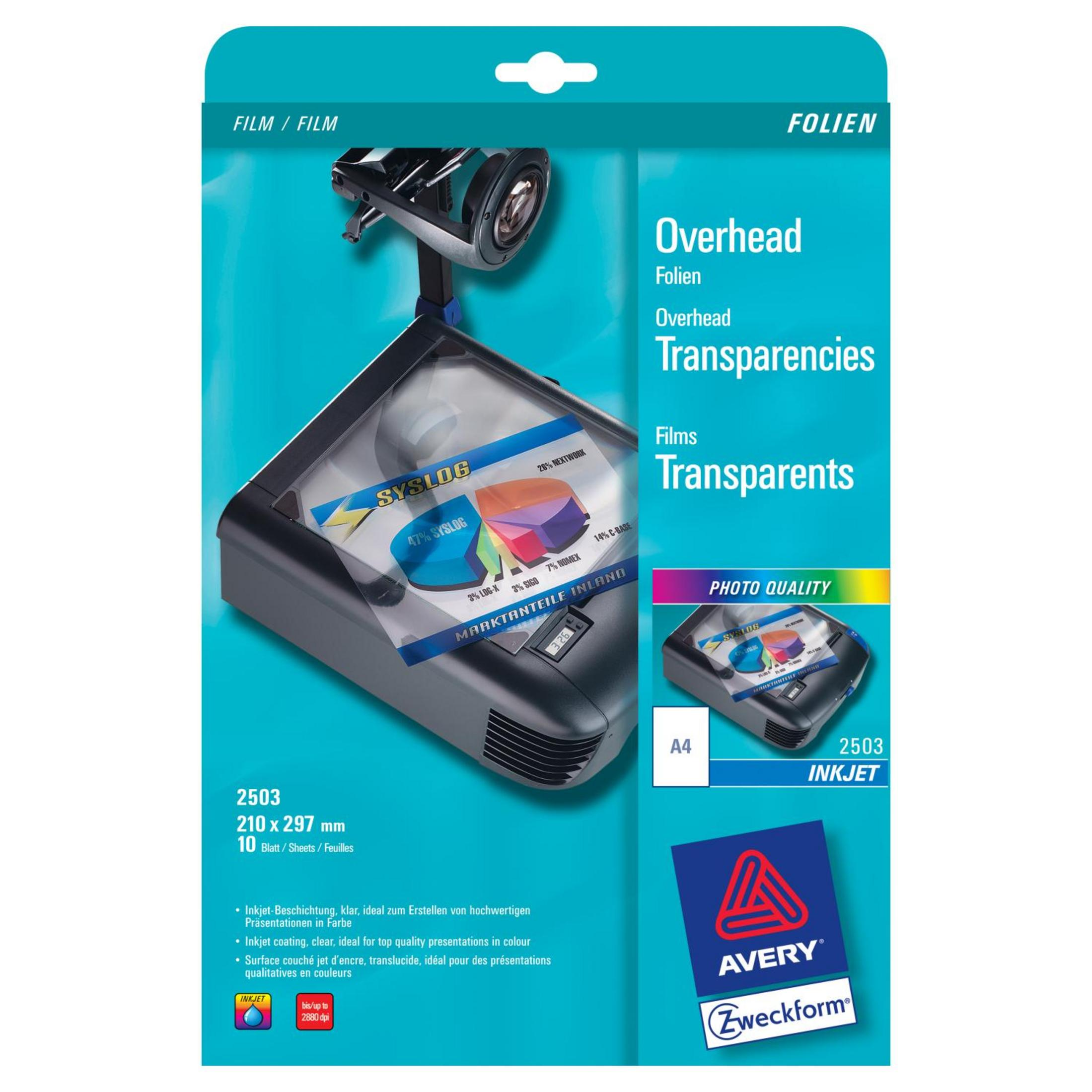 Overheadprojektor mit einem projizierten Diagramm und Avery Zweckform-Verpackung.