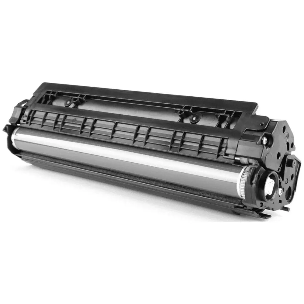 Een zwarte tonercartridge met een zilveren cilindervormige drum.