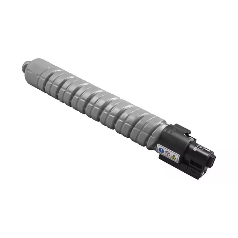 Grijze tonercartridge met zwarte connector en waarschuwingssymbolen.